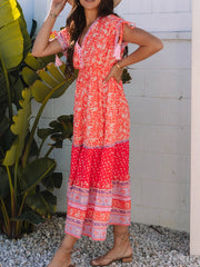 Floral Print Tasseled Tied Sleeve Empire Waist Dress