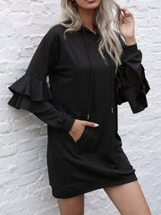 Ruffled Drawstring Long Sleeve Hooded Dress