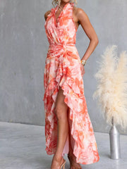 Floral Print Ruffle Halter Neck Maxi Dress
