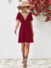 V-Neck Swiss Dot Ruffle Hem Mini Dress