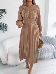 Smocked Pleated Long Sleeve Midi Dress
