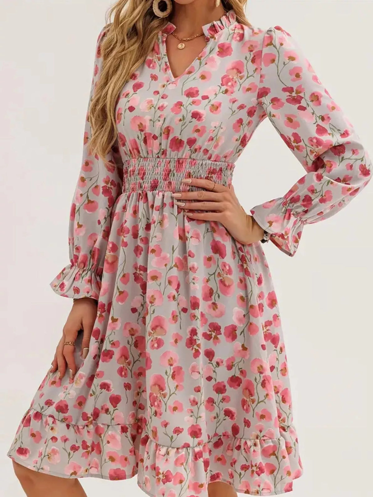 Floral Notched Flounce Sleeve Dress