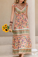 Smocked Printed V-Neck Cap Sleeve Dress