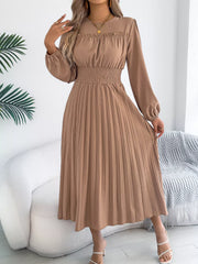 Smocked Pleated Long Sleeve Midi Dress