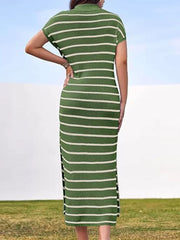 Striped Knit Slit Short Sleeve Midi Dress