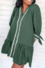 Contrast Ricrac Trim Button V Neck Knotted Bracelet Sleeve Shift Dress
