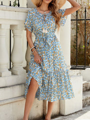 Floral Print Ruffle Hem Tie Front Midi Dress