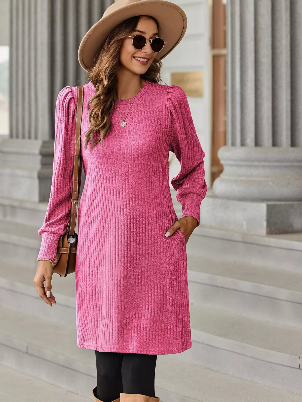 Ribbed Knit Puff Sleeve Casual Mini Dress