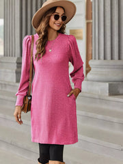 Ribbed Knit Puff Sleeve Casual Mini Dress