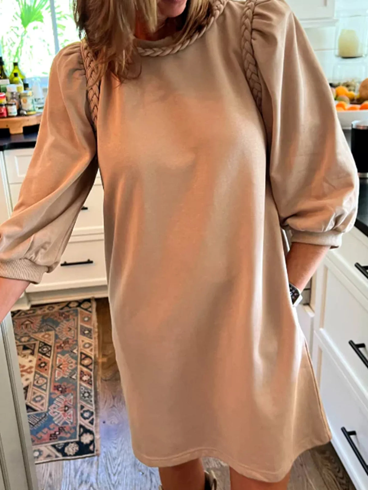 Braided Trim Puff Sleeve Dress