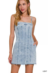 Zenana Spaghetti Strap Exposed Seam Light-Wash Dress