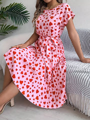 Heart Print Belted Pleated Midi Dress