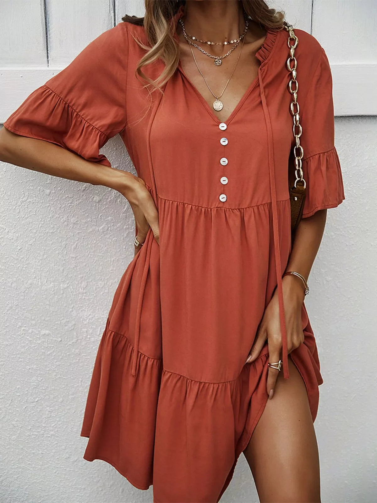 Boho Ruffle Sleeve Button Down Tiered Mini Dress