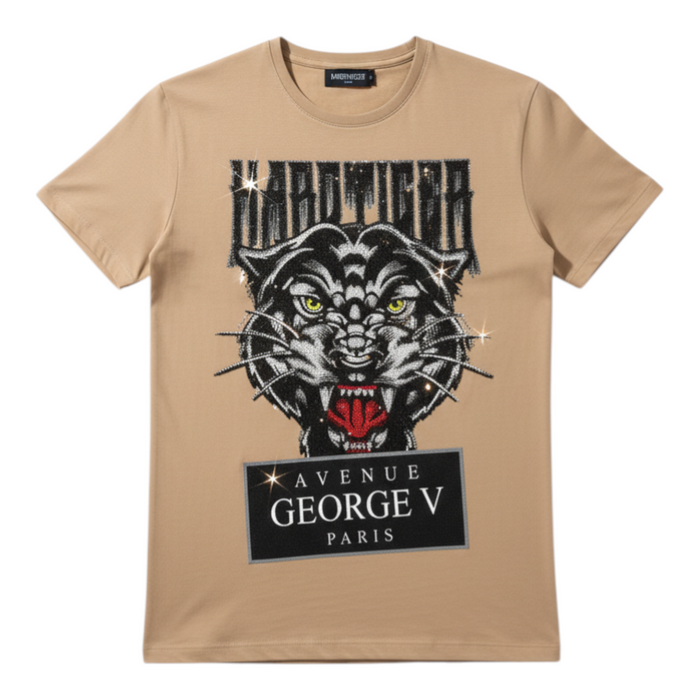 Beige George V 'Hard Tiger' graphic T-shirt with tiger illustration, casual fit, soft fabric, and branded design.
