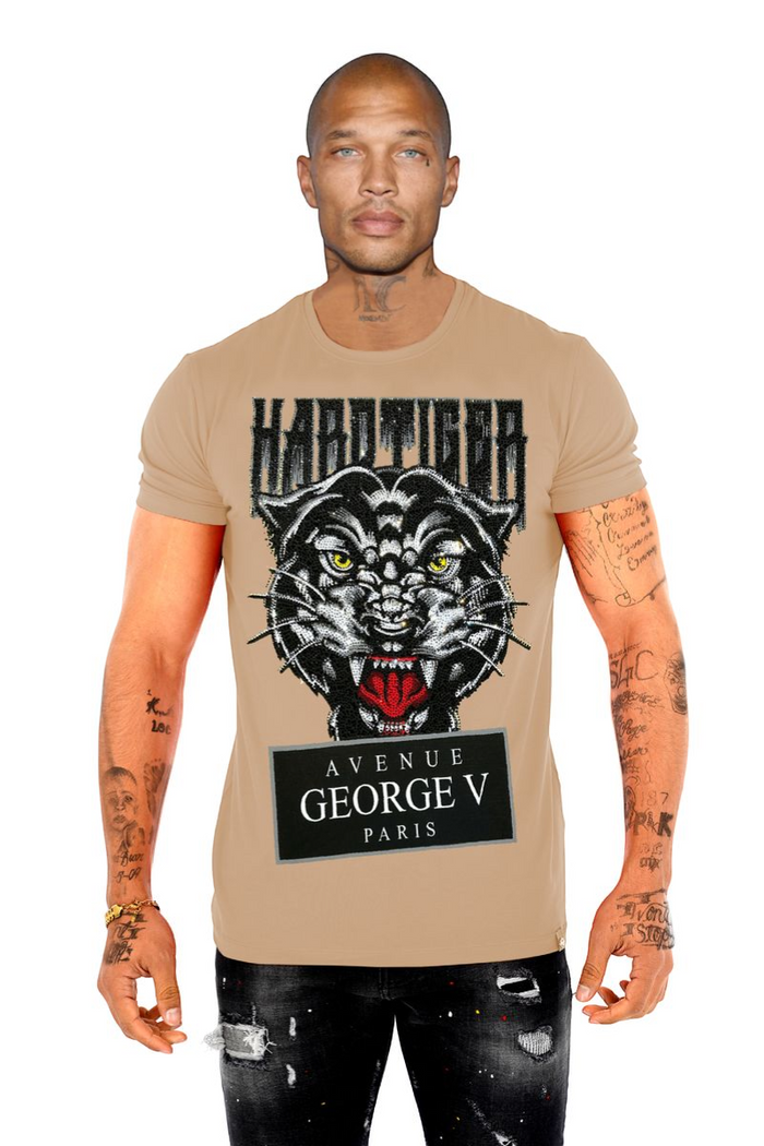 Beige George V 'Hard Tiger' graphic T-shirt with bold tiger illustration, casual fit, and classic crew neckline.