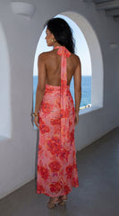 Sirenya Tropical Floral Halter Maxi Dress - Coral Pink