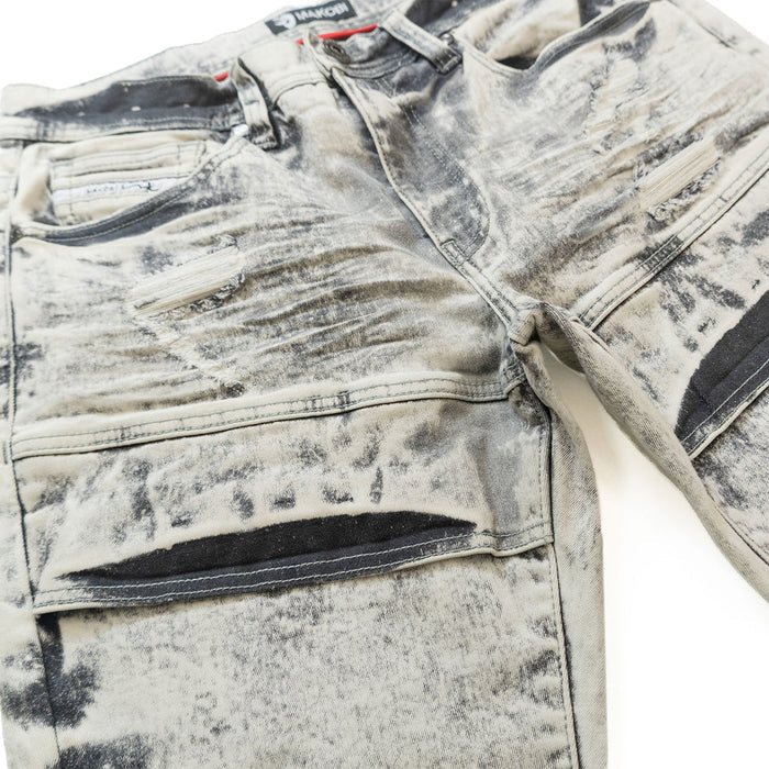 Makobi Bruno gray denim jeans, men's casual trousers with classic fit and durable fabric, front view showing waistband and pockets.