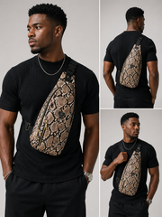 Tan Mint Cobra snakeskin sling backpack with adjustable straps and multiple compartments, showcasing its textured snakeskin design.
