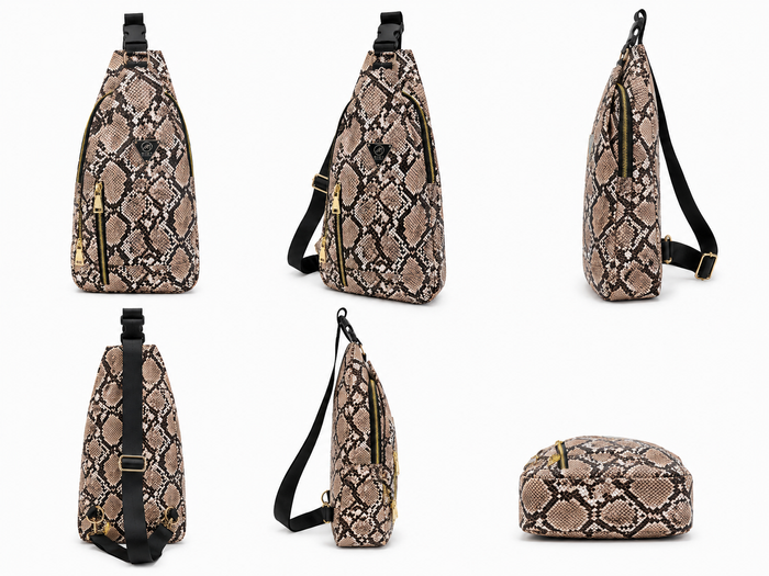 Tan Mint Cobra snakeskin sling backpack with adjustable straps, featuring a stylish snakeskin pattern and compact design.