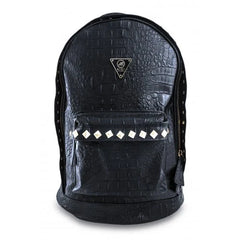 Black Mint crocodile-studded backpack with adjustable straps, featuring a textured crocodile pattern and multiple compartments.