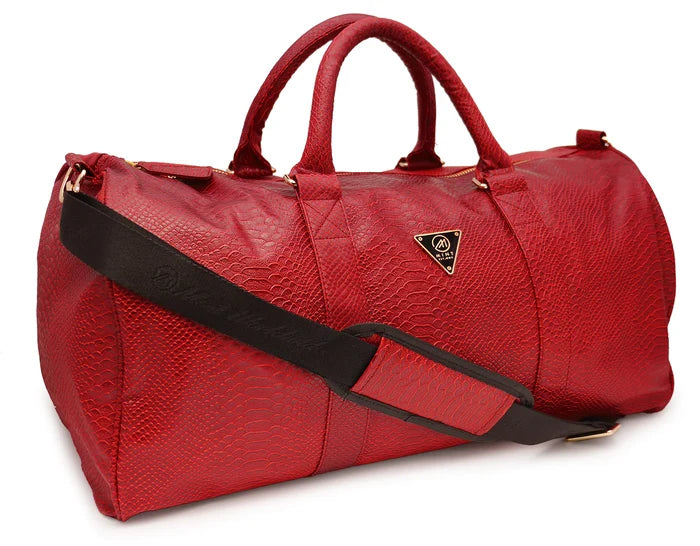 Red Mint Python duffle bag, stylish accessories with a sleek design, featuring a spacious interior and durable material.