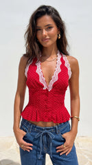 Valette Polka Dot Lace Halter Top - Red