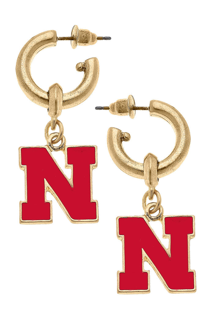 Canvas Style Nebraska Huskers red enamel drop hoop earrings for game day gift from Magnolias Home Decor
