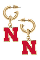 Canvas Style Nebraska Huskers red enamel drop hoop earrings for game day gift from Magnolias Home Decor