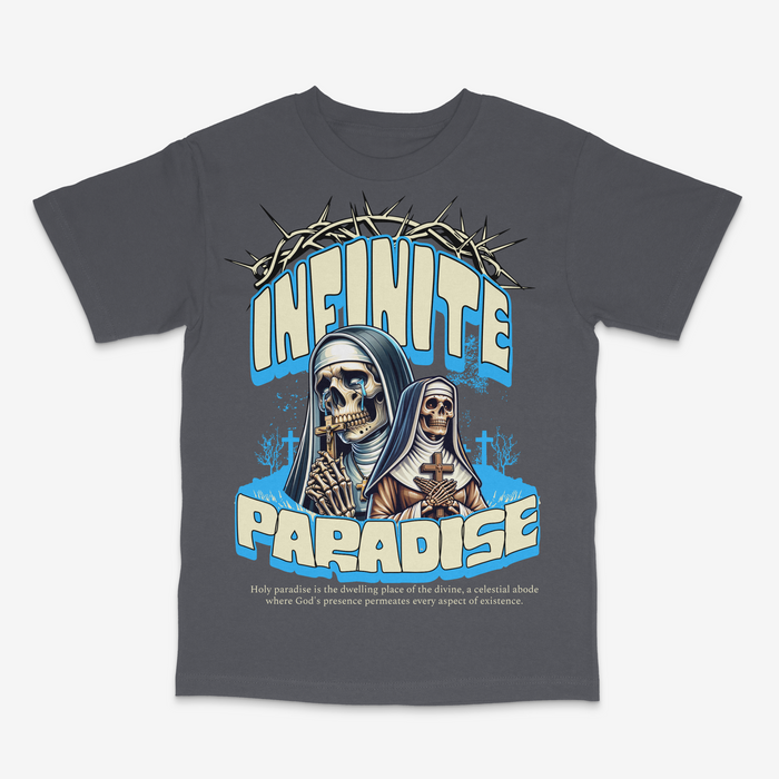R3TRO WORLD Paradise tee in charcoal color, casual unisex T-shirt with graphic design, comfortable fit, and modern style.