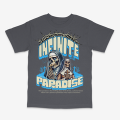 R3TRO WORLD Paradise tee in charcoal color, casual unisex T-shirt with graphic design, comfortable fit, and modern style.